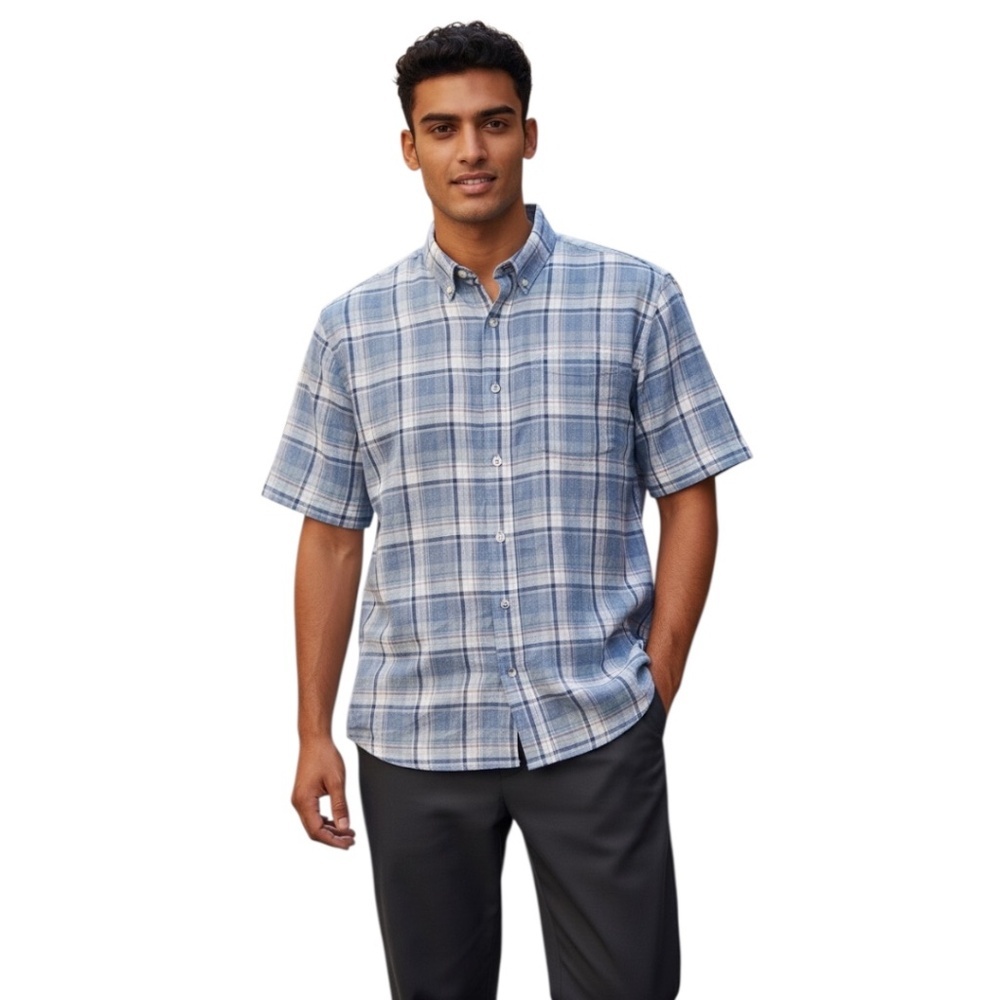UNTUCKit Men's Medium Slim Fit 100% Linen Short Sleeve Plaid Button-Down Shirt